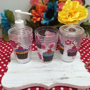 Cupcakes inspired soap dispenser set/Cupcakes toothbrush holder/drinking glass